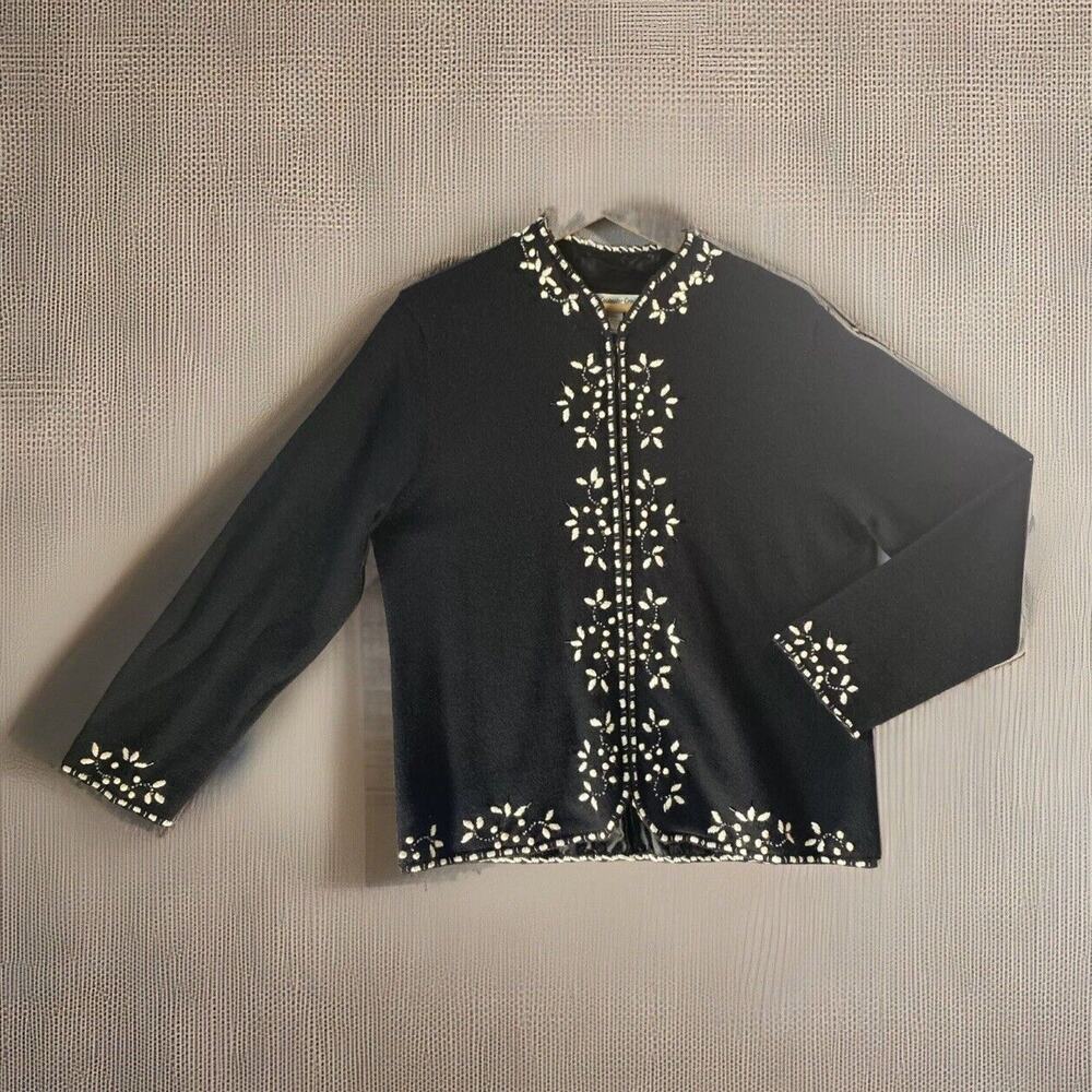 VTG Coldwater Creek Women 100% Wool Cardigan Sweater Large Embroidery Floral 90s
